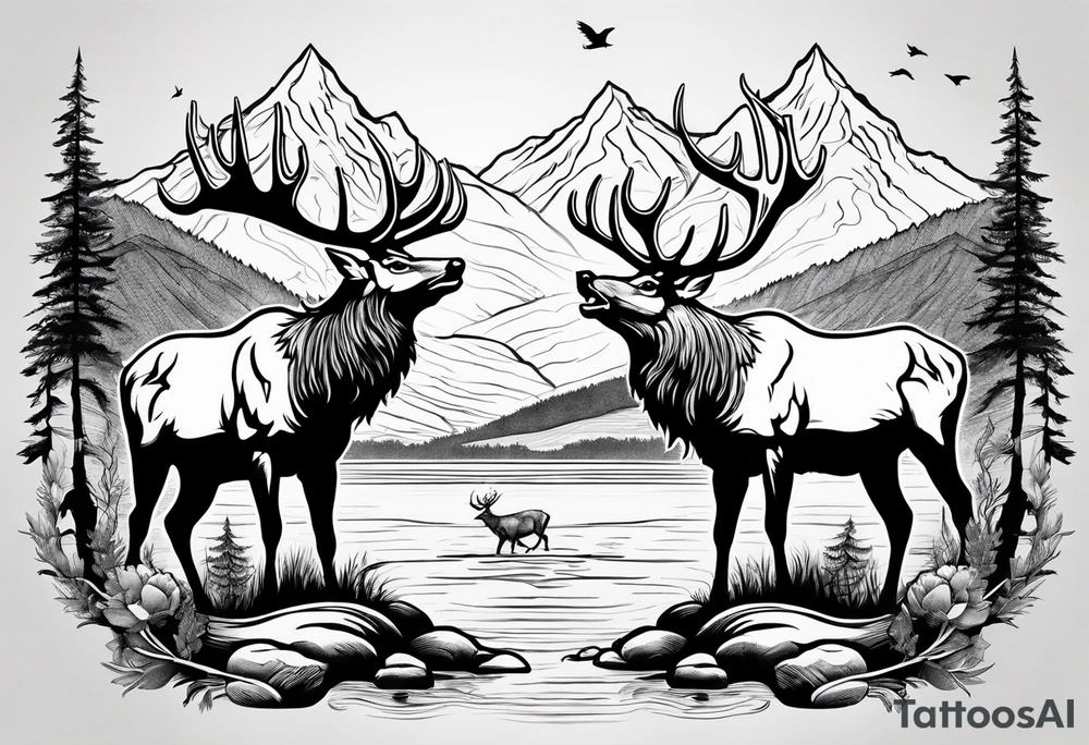two elk fighting with mountains and stream in background tattoo idea