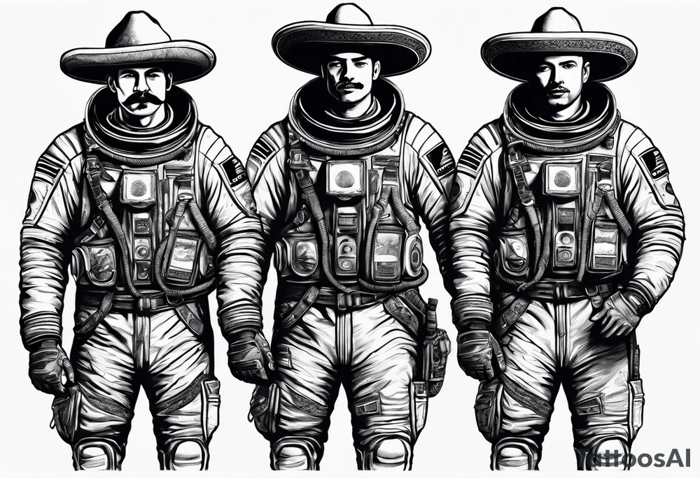 three astronauts standing together and each one is wearing a sombrero tattoo idea