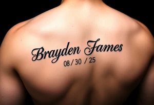 Brayden James name tattoo on forearm with dob 08/30/25 tattoo idea