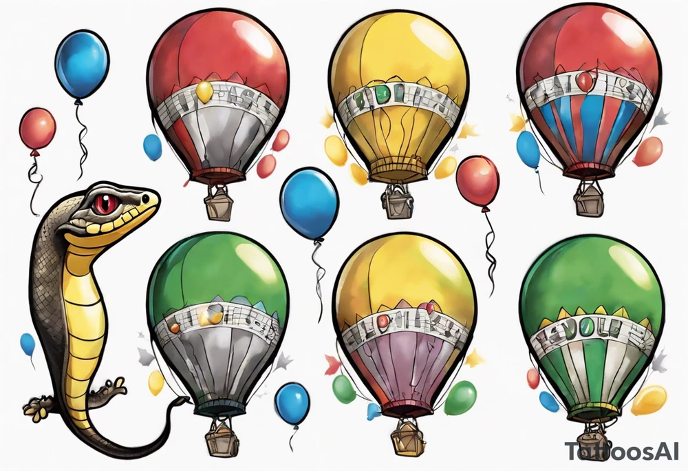 piedpython with colored ballons from movie up! aside and a green gem on the other side tattoo idea