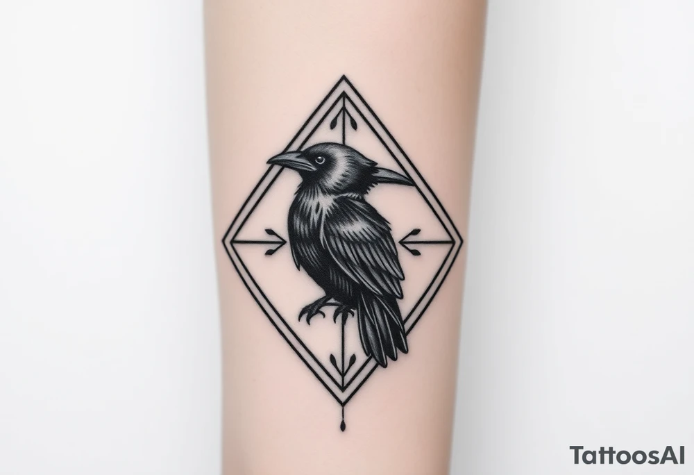Geometric diamond with lines going around with a big detailed crow in center with a lot of shading tattoo idea