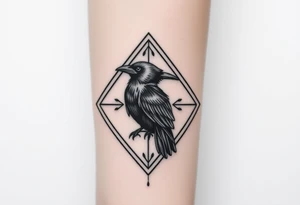 Geometric diamond with lines going around with a big detailed crow in center with a lot of shading tattoo idea