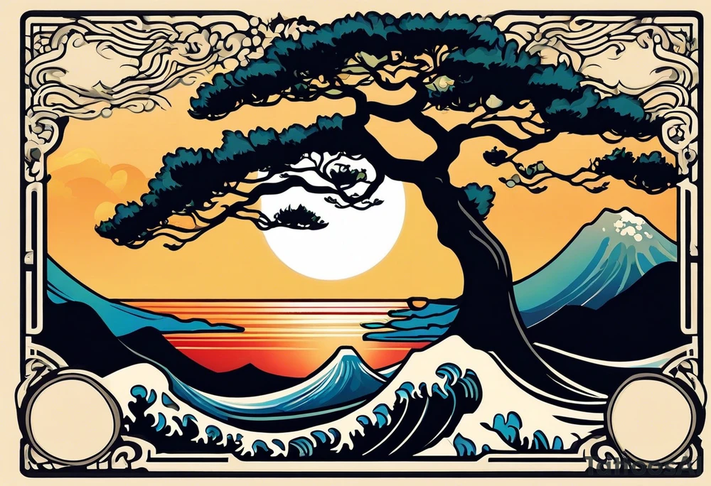 an abstract Tree of Life tattoo. It should have roots growing out of the bottom. The roots slowly turn into water from the Great Wave by Hokusai. A golf flag should be placed discreetly growing out of the ground. 2 license plate tags should be hanging from the tree. Place a few music notes in the areas the leaves should be. The letters A U should be engraving into the tree trunk in a heart. Not inside a circle. The overall shape of the tattoo should be organic. Black and white only. tattoo idea