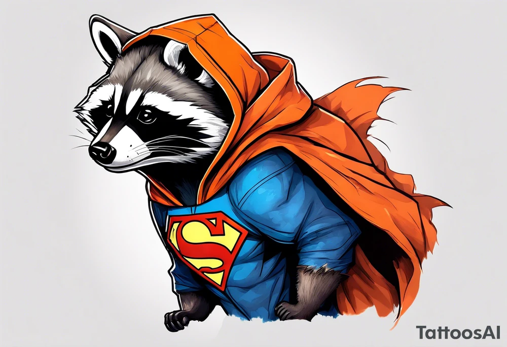 Raccoon wearing an orange Superman hoodie tattoo idea