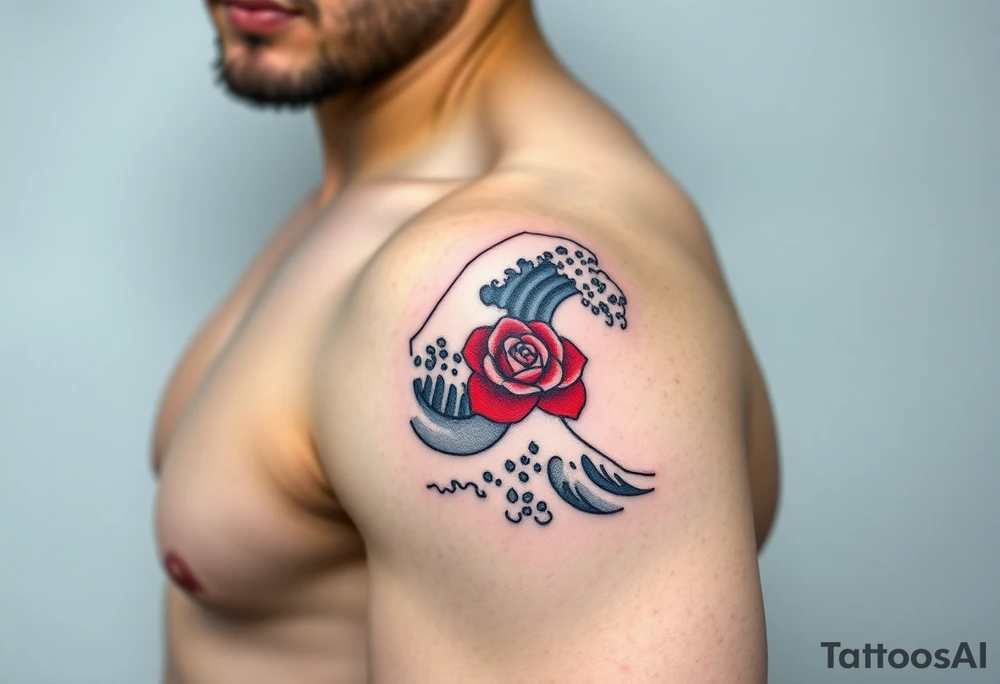 The Great Wave off Kanagawa With a red rose in the curve of the wave tattoo idea