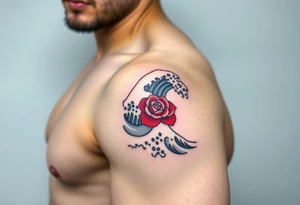 The Great Wave off Kanagawa With a red rose in the curve of the wave tattoo idea