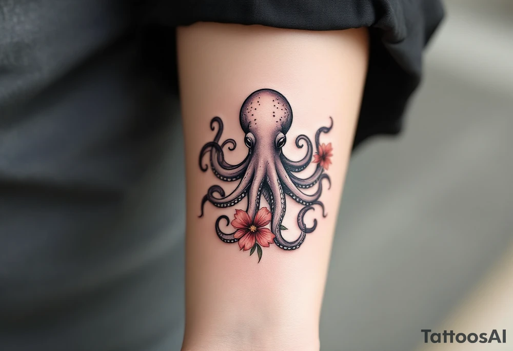 A small realistic black and grey tattoo of an octopus, cute, with detailed shading and soft linework, showing the octopus with swirling tentacles, on light skin. ornamental flowers around with red ink. The style is minimalistic and elegant, resembling fine-line tattoo with a shadow tattoo idea