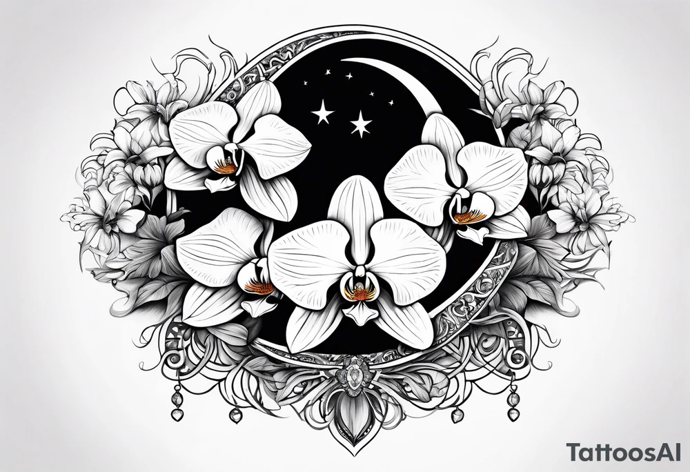 Orchid and crescent moon with Bohemian design tattoo idea