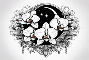 Orchid and crescent moon with Bohemian design tattoo idea