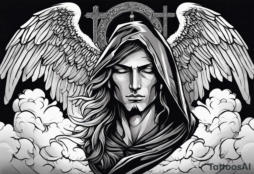 One male hooded angel with 3 angels in the back flying with clouds and shading with a cross in the background tattoo idea