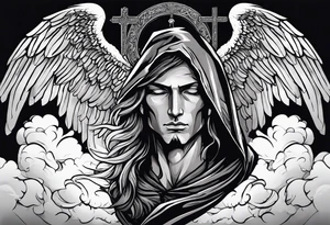 One male hooded angel with 3 angels in the back flying with clouds and shading with a cross in the background tattoo idea
