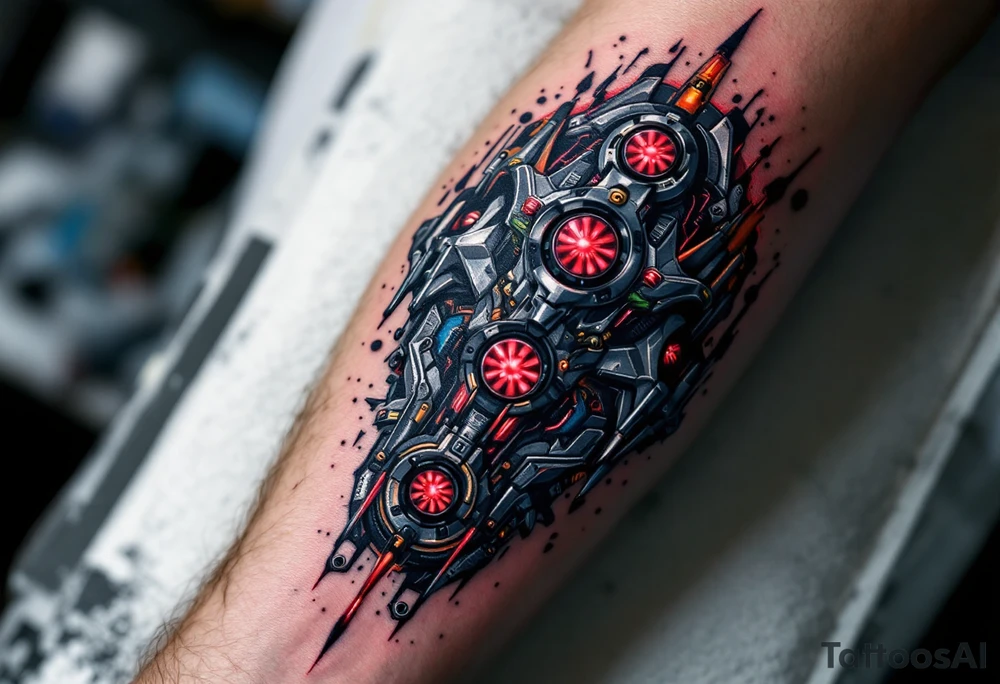 A tattoo depicting a mechanical full arm tattoo socketed into the forearm, with crimson power cores pulsing behind stainless steel plating. tattoo idea