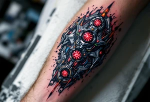 A tattoo depicting a mechanical full arm tattoo socketed into the forearm, with crimson power cores pulsing behind stainless steel plating. tattoo idea