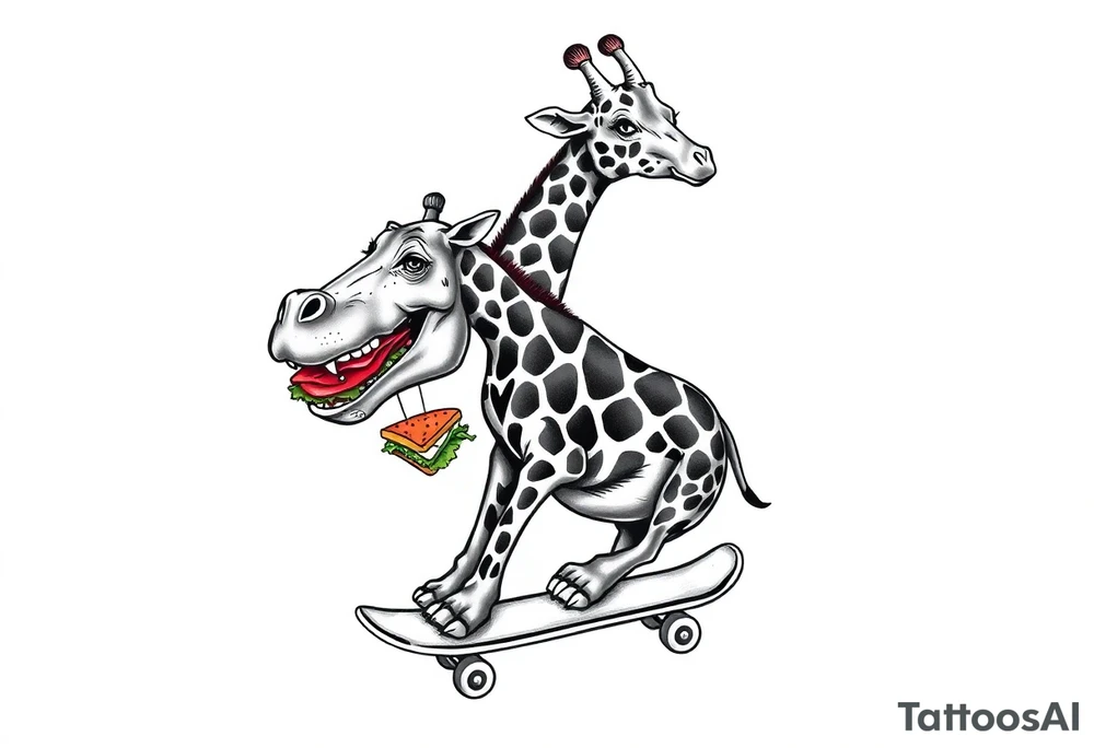 Majestic giraffe riding a skateboard and eating a hippo sandwich tattoo idea
