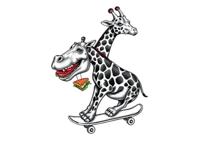 Majestic giraffe riding a skateboard and eating a hippo sandwich tattoo idea