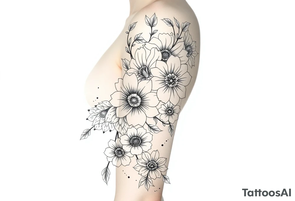 floral composition with japanese vibe, mutiple ornemental patern and leaf, dot geometric ornement tattoo idea