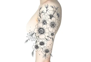 floral composition with japanese vibe, mutiple ornemental patern and leaf, dot geometric ornement tattoo idea