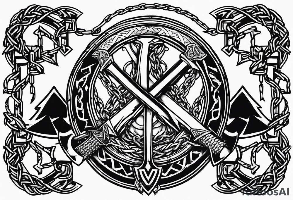 Valhalla sword shield dragon axe Valknut barbed wire chains tattoo idea Valhalla sword shield dragon axe Valknut barbed wire chains tattoo idea