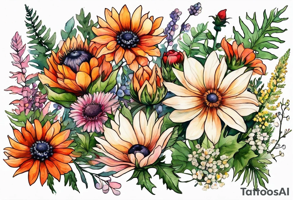 wildflowers with thistles, ferns, white flowers, cream flowers, sun flowers, orange flowers, green flowers, pink flowers, red flowers, berries and all in watercolor tattoo idea
