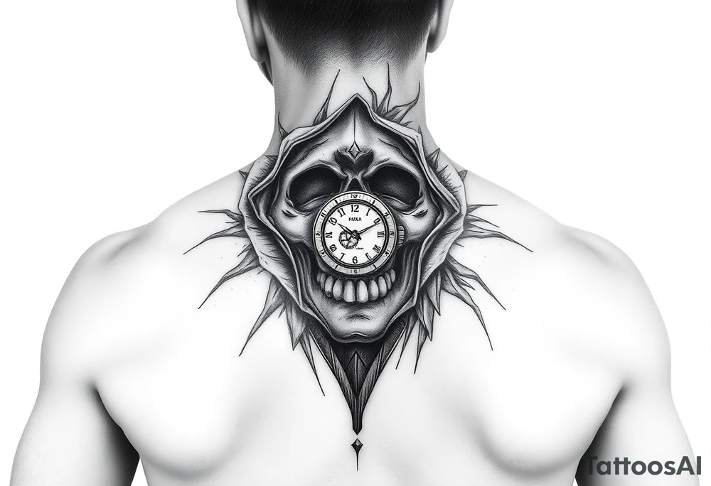 Un rostro masculino dividido en capas como una máscara que se rompe o se desvanece en viento o formas geométricas.

Dentro, se ve una calavera, un reloj o una brújula. tattoo idea