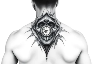 Un rostro masculino dividido en capas como una máscara que se rompe o se desvanece en viento o formas geométricas.

Dentro, se ve una calavera, un reloj o una brújula. tattoo idea