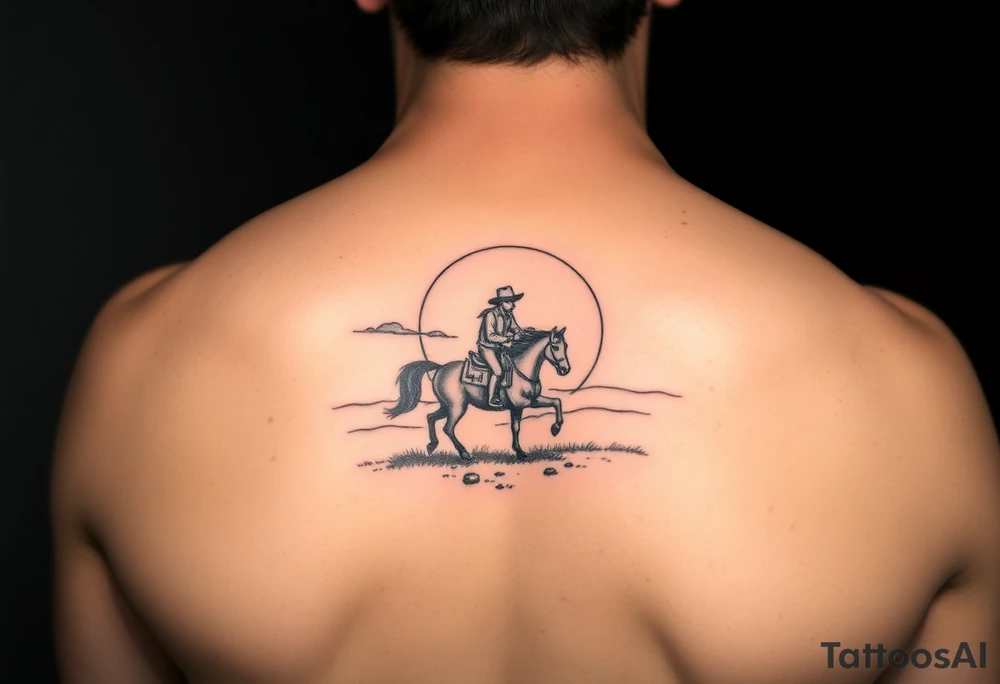 Cowboy riding a house against a sunset tattoo idea
