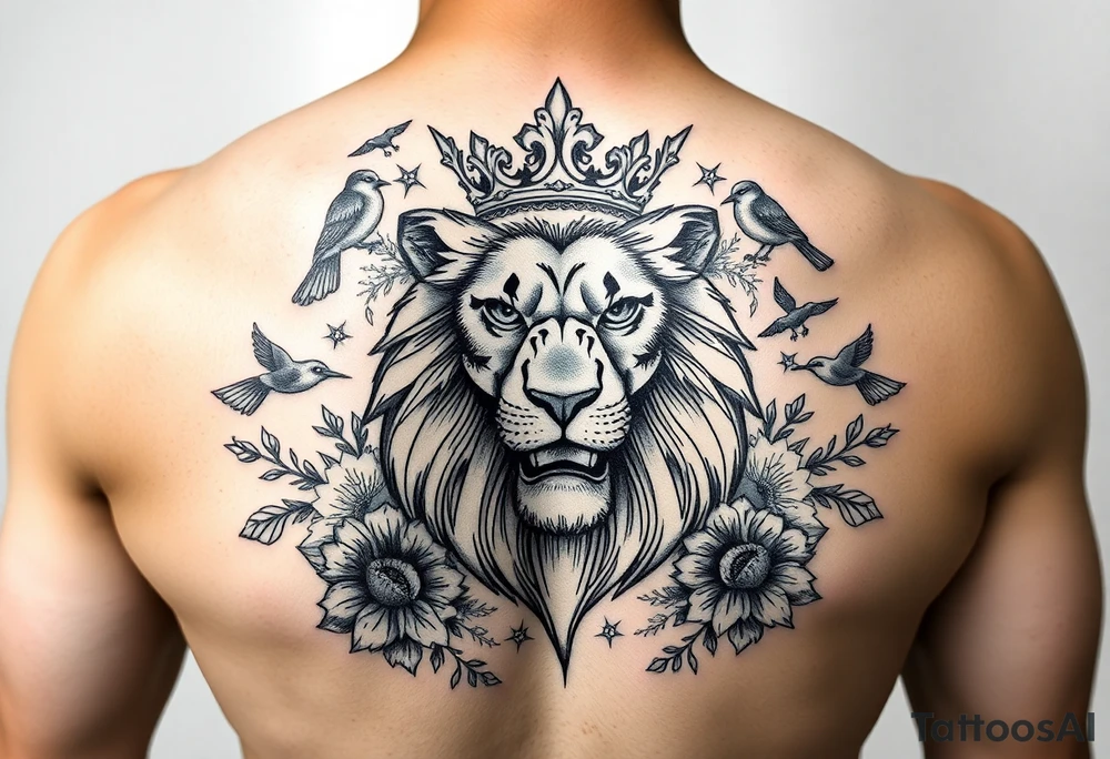 powerful majestic lion with a crown, surrounded by floral ornaments and birds tattoo idea