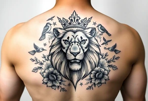 powerful majestic lion with a crown, surrounded by floral ornaments and birds tattoo idea