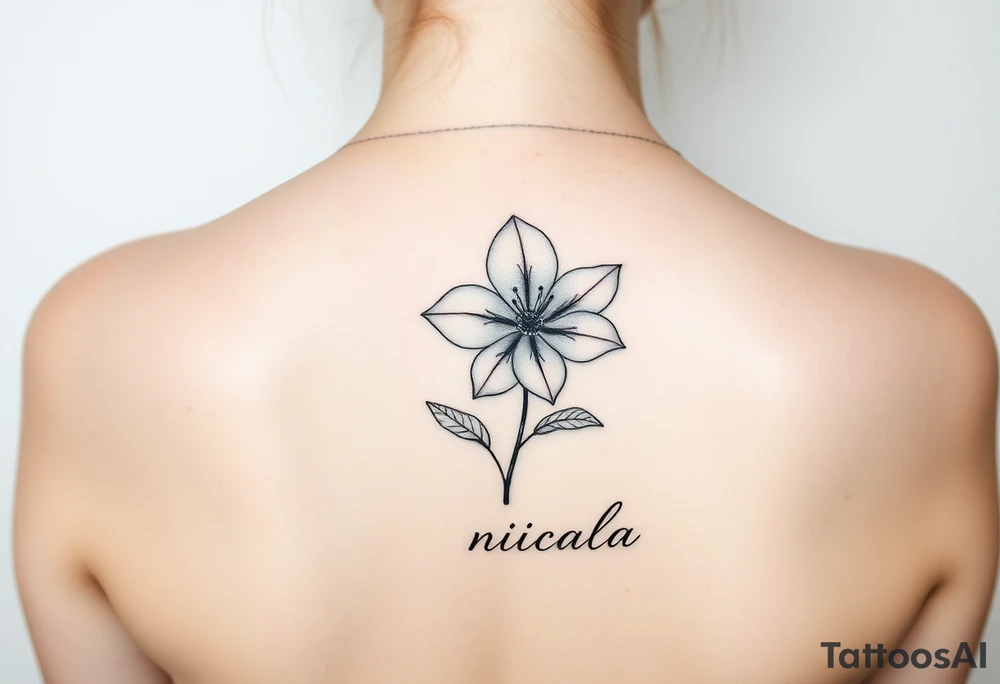 Fine line tattoo with March birth flower, a click with the time 2pm and name nicola tattoo idea