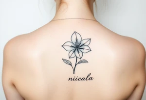 Fine line tattoo with March birth flower, a click with the time 2pm and name nicola tattoo idea