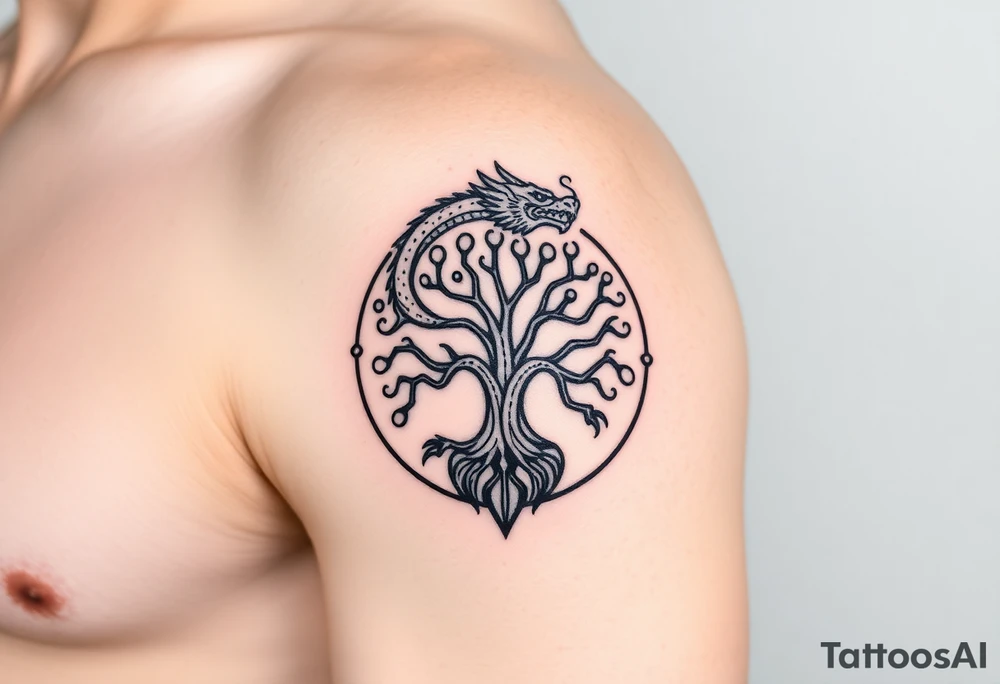 a dragon encircling the tree of life tattoo idea