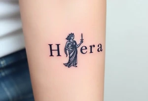 Greek black goddess Hera holding a baby in her right an a Draco with drum in the left hand tattoo idea