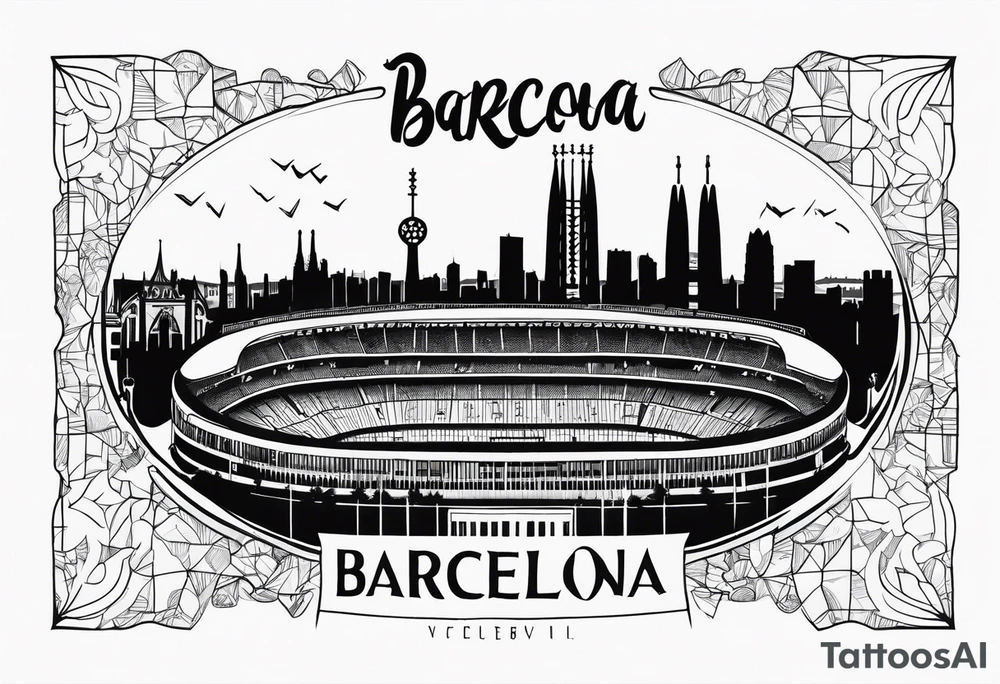 Barcelona cityscape with culture and music and fc Barcelona stadium tattoo idea