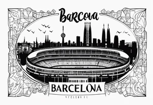 Barcelona cityscape with culture and music and fc Barcelona stadium tattoo idea