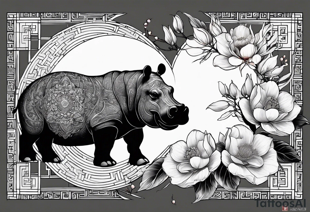 Very asymmetrical, +geometric pattern, with realistic full moon, with seeious looking hippo, +zen feel, + Buddhism touch,
with wintersweet flower bud, +portrait orientation, +inkart touch, tattoo idea