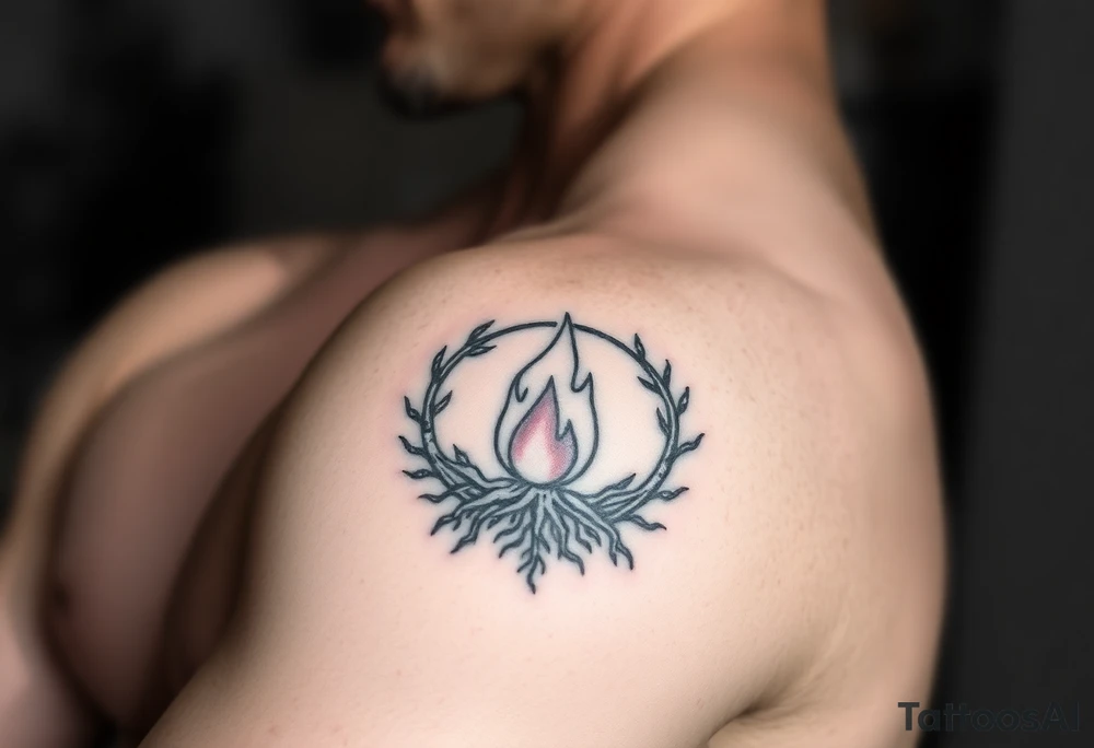 a round flame imprisoned in a roots circle tattoo idea