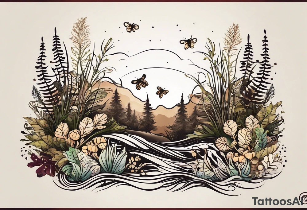 minimalistic forest floor inspired tattoo, which includes grass, moss, curly ferns and dead leaves as the bulk of the tattoo. details to include: forest berries, couple of very small brown mushrooms, a tiny bumblebee flying nearby tattoo idea