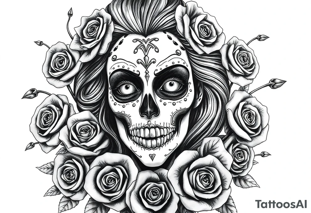 Powerful evil beautiful day of the dead female,  surrounded by unclaimed souls and roses tattoo idea