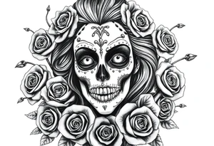 Powerful evil beautiful day of the dead female,  surrounded by unclaimed souls and roses tattoo idea