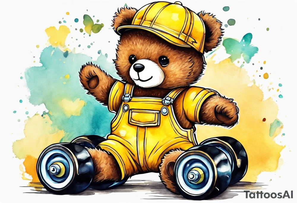 a teddy bear in roller skates and yellow overalls tattoo idea