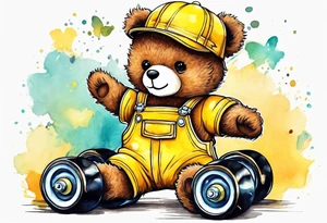 a teddy bear in roller skates and yellow overalls tattoo idea