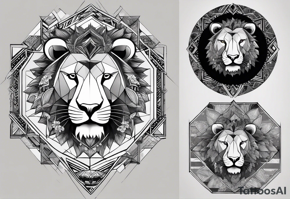 Very asymmetrical, +geometric pattern, with realistic full moon, with hippo head superimposed with a lion ,+tribal, +geometric, +inkart , +blackwork, +grey scale, + sketch
with wintersweet flower bud, +inkart touch, +for men, detailed , combined favourite , tattoo idea