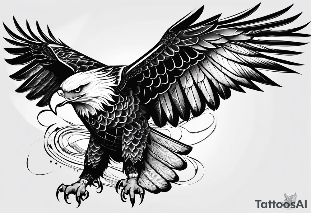 An eagle clutching a banner in its talons that states flectere si nequeo supros acheronta movebo tattoo idea