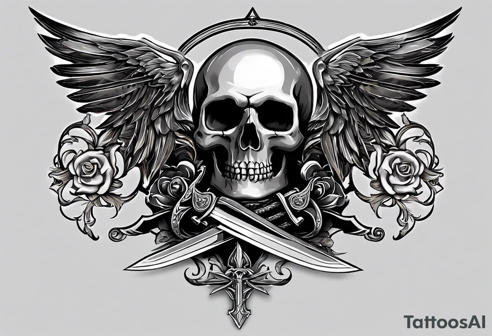 In the center is a skull pierced by a large sword. On either side of the skull, there are spread angel wings, creating an impression of protection and majesty. Beneath the skull is a ribbon that weaves through both the skull and the sword, imparting unity and linking all the elements together. tattoo idea