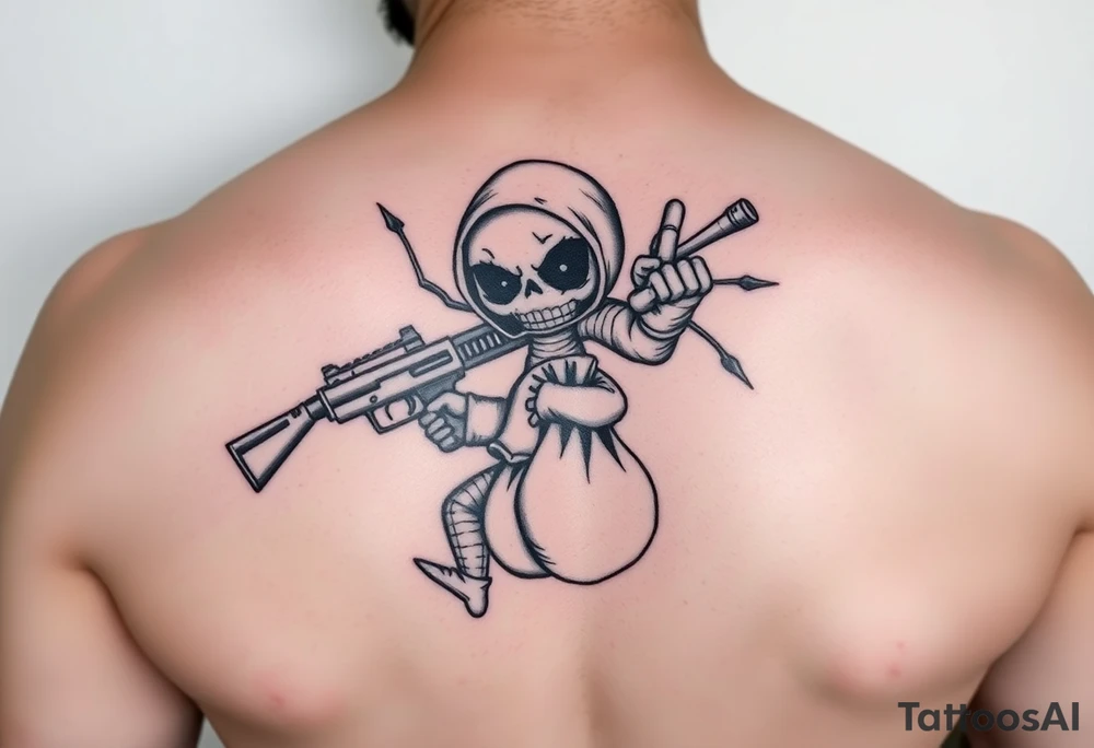 Evil voodoo doll with a gun and money bag tattoo idea