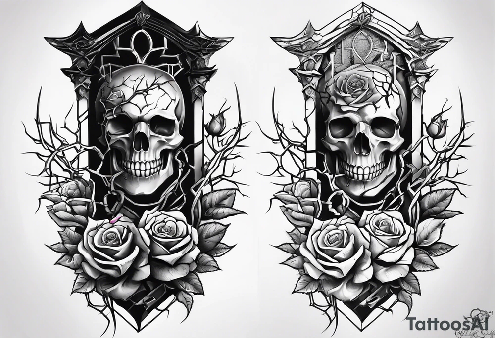 tattoo fool sleeve, old broken gothic home, broken sword, tree roots break out of the chains, roses tattoo idea