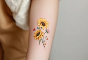 Small watercolour style bunch of wild flowers including lillium orientalis, sunflowers, poppies and peonies to be placed on forearm. Use the watercolour style with no outline on the florals. tattoo idea