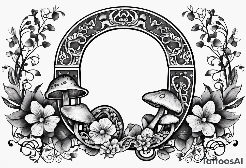 horseshoe, with mushrooms and girly vibes, with "lucky" written on the horseshoe. Still simple, not a ton of design. tattoo idea