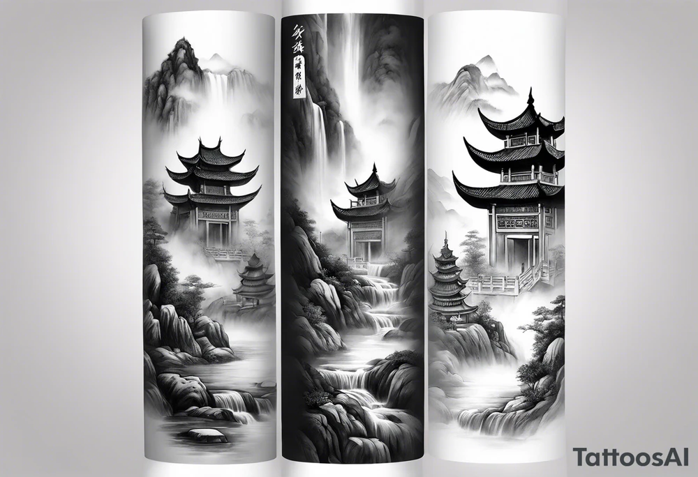 forearm sleeve traditional chinese art painting Chinese temple two old men wearing robes and drinking tea mountains mist fog waterfall tattoo idea