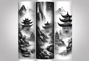 forearm sleeve traditional chinese art painting Chinese temple two old men wearing robes and drinking tea mountains mist fog waterfall tattoo idea